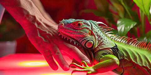 A reptile expert handling a green iguana, carefully inspecting its scales under a bright red light.