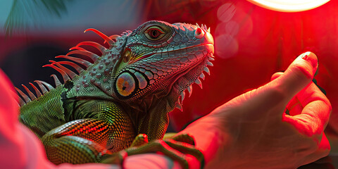 Obraz premium A reptile expert handling a green iguana, carefully inspecting its scales under a bright red light.