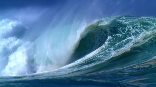 Epic blue wave breaking and barreling with lots of white water, raw natural wonder