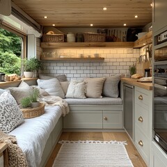 Modern camper van interior with wooden accents. AI generated