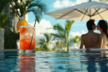 Refreshing cocktail by the pool with couple enjoying the sun