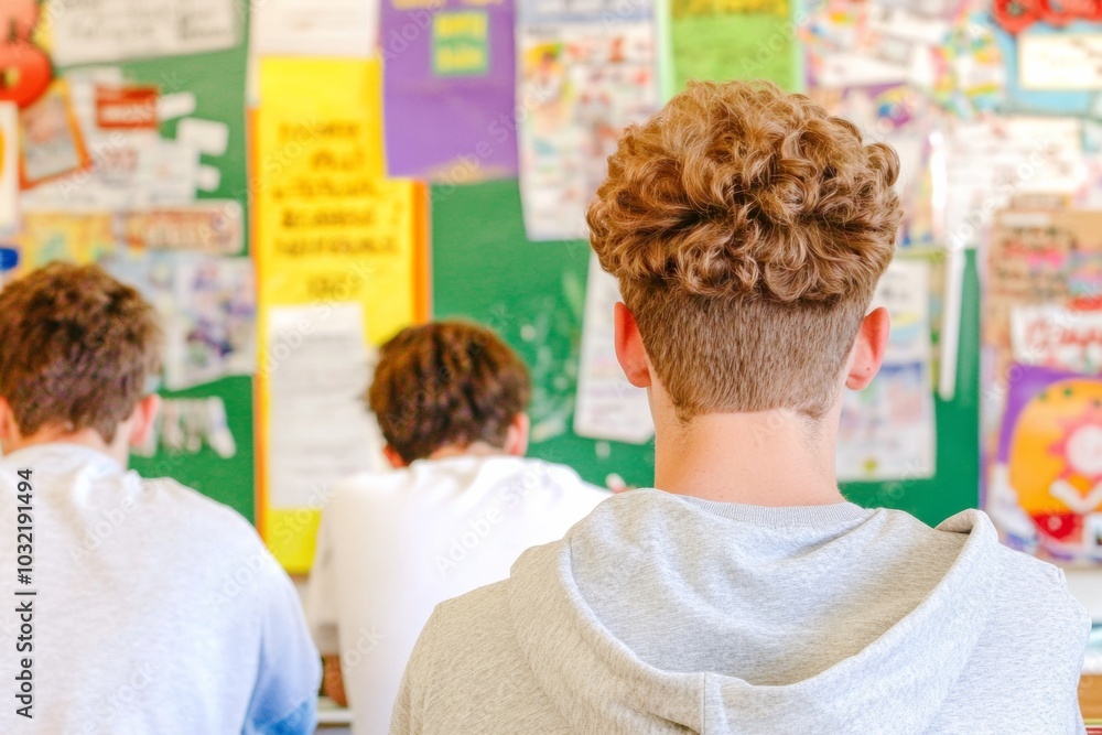 Poster candid capture of students engaged in a busy classroom study session
