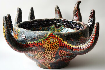 Ceramic bowl covered with a colorful mosaic of tiles standing on a white surface