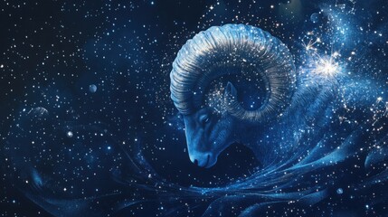 Celestial Aries zodiac illustration: cosmic ram in starry night sky