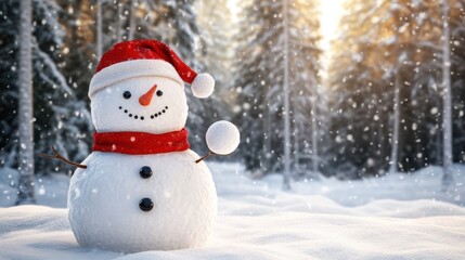 Festive snowman with a Santa hat, clutching a snowball in front of a snow-covered forest, bringing winter joy, 3D illustration.