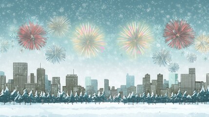 Obraz premium Cityscape with fireworks exploding over a snowy forest.