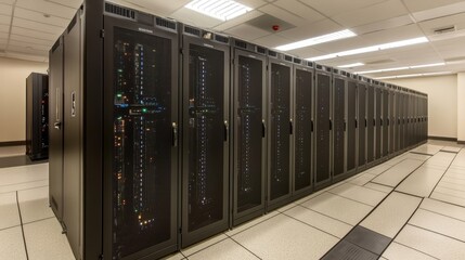 Modern Data Center With Rows of Network Server Racks, Big Data, Cloud Computing, Storage Technology