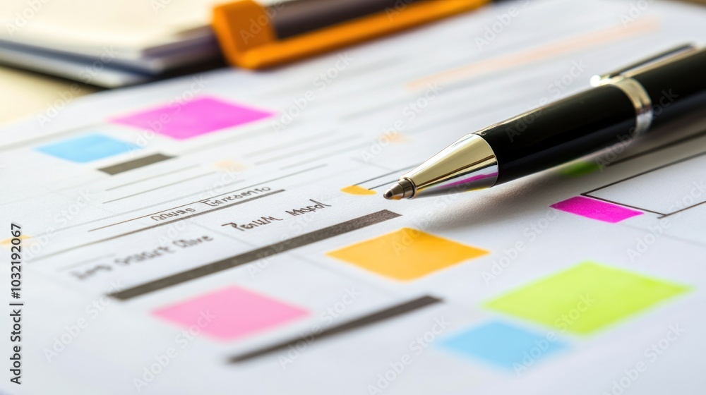 Poster a black pen on a notebook with a hand-drawn website mockup with colorful sticky notes and handwritin