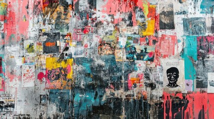 Fototapeta premium Grunge wall covered in layers of posters, stickers, and street art