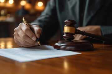 Legal document, attorney or court professional office, law and judgment approval paper concept, mature lawyer holding legal document with a gavel hammer symbol of court or, Generative AI