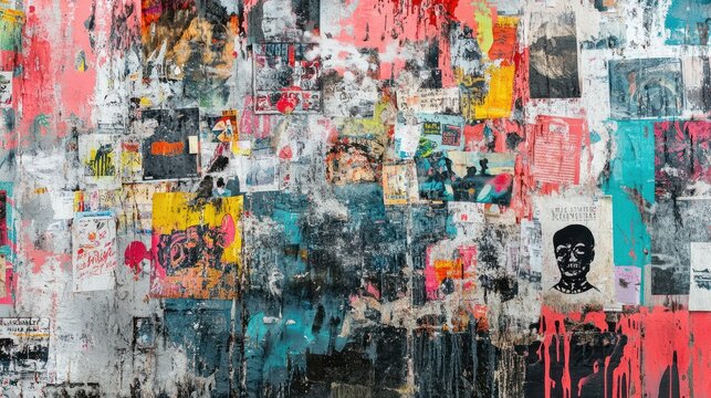 Grunge wall covered in layers of posters, stickers, and street art