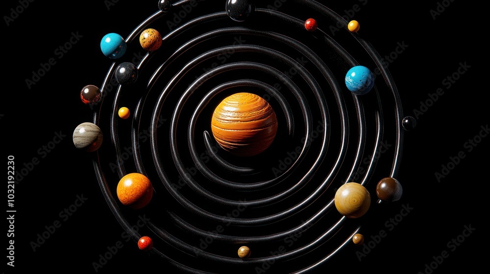 Poster a 3d model of the solar system with planets orbiting a sun in a dark background.