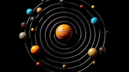 A 3D model of the solar system with planets orbiting a sun in a dark background.