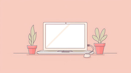 A simple and clean illustration of a laptop on a desk. The laptop is white and the desk is pink.
