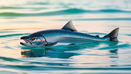 Fototapeta premium A salmon fish swimming in blue water in the sea 