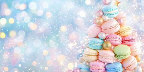 christmas tree made of macarons, orned of chocolate balls and stars, sparkle, christmas background