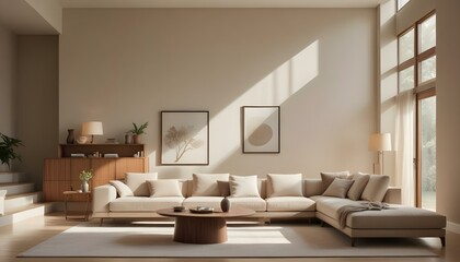 A modern living room with a large beige sectional sofa, a wooden coffee table, and a warm, natural lighting coming through a window.