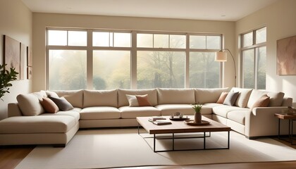 Fototapeta premium A modern living room with a large beige sectional sofa, a wooden coffee table, and a warm, natural lighting coming through a window.