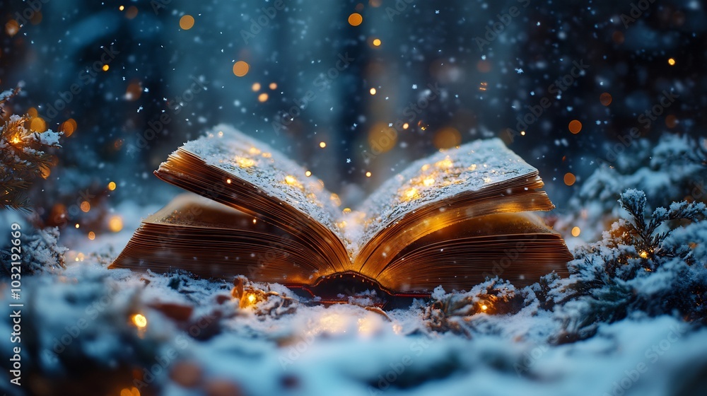 Poster whimsical open book resting in a snowy landscape with a snowy forest in the background snowflakes ge