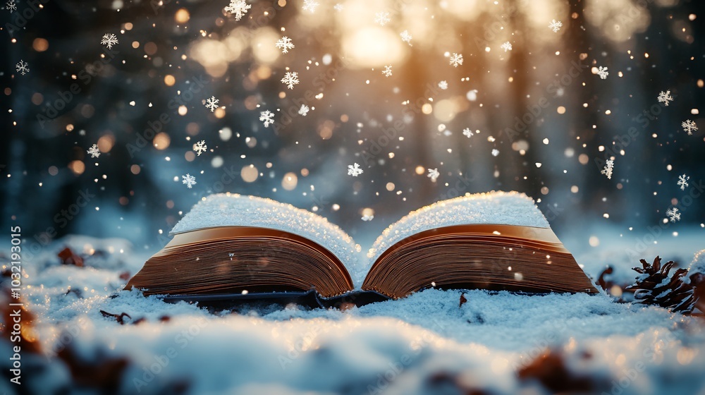 Poster whimsical open book resting in a snowy landscape with a snowy forest in the background snowflakes ge