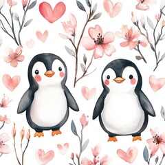 Fototapeta premium Whimsical Watercolor Illustration of Playful Penguins and Pink Flowers for St. Valentine's Day Greeting Cards and Posters