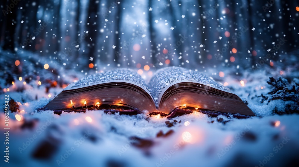 Poster whimsical open book resting in a snowy landscape with a snowy forest in the background snowflakes ge