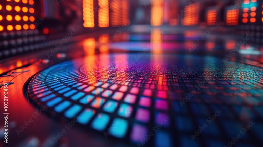 Poster close-up of a spinning disk with colorful lights reflecting on its surface.