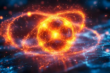 Fototapeta premium Nuclear Energy As Swirling Atomic Particles And Electric Waves, Radiating Energy In Vibrant Colors