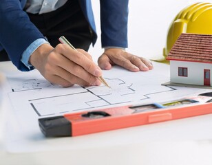 a business engineer who is planning and checking blueprints on the table,generative ai