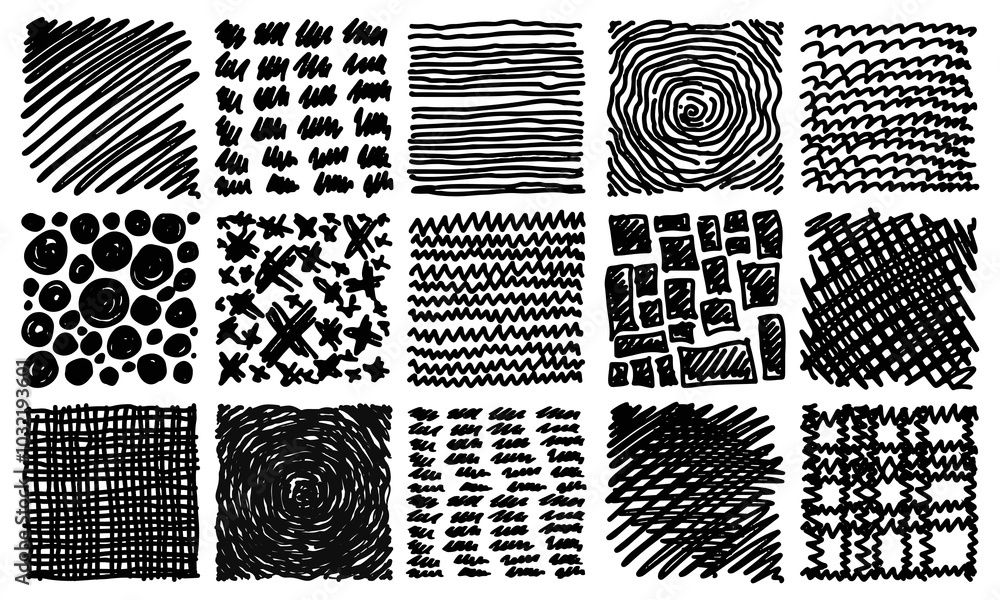 Poster fifteen textured squares with various scribble filling. doodles and squiggles. vector set
