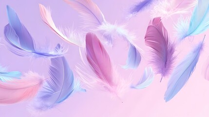 Obraz premium Soft,Colorful Feathers Lifted by Gentle Air Currents on Pastel Lavender Background