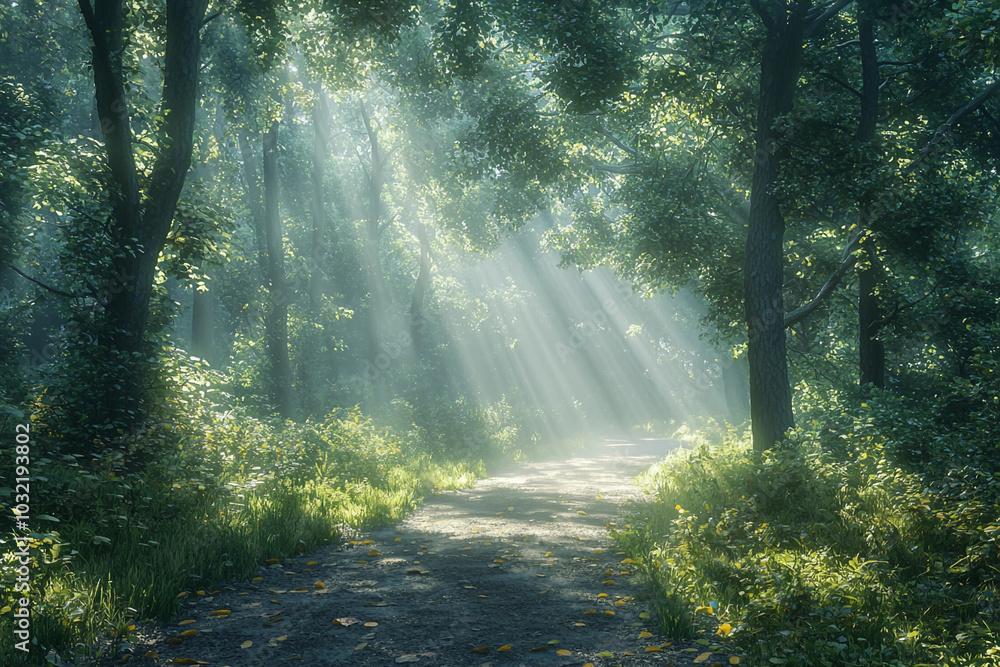 Poster sunlight filtering through trees on a tranquil forest path