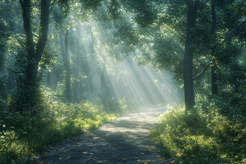 Obraz premium Sunlight filtering through trees on a tranquil forest path