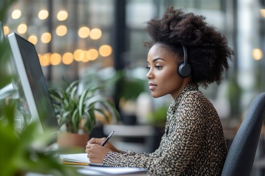Portrait of a busy focused black woman in a wireless headset writing in a notepad sitting at a work desk with a personal computer in a modern office, profile side, Generative AI
