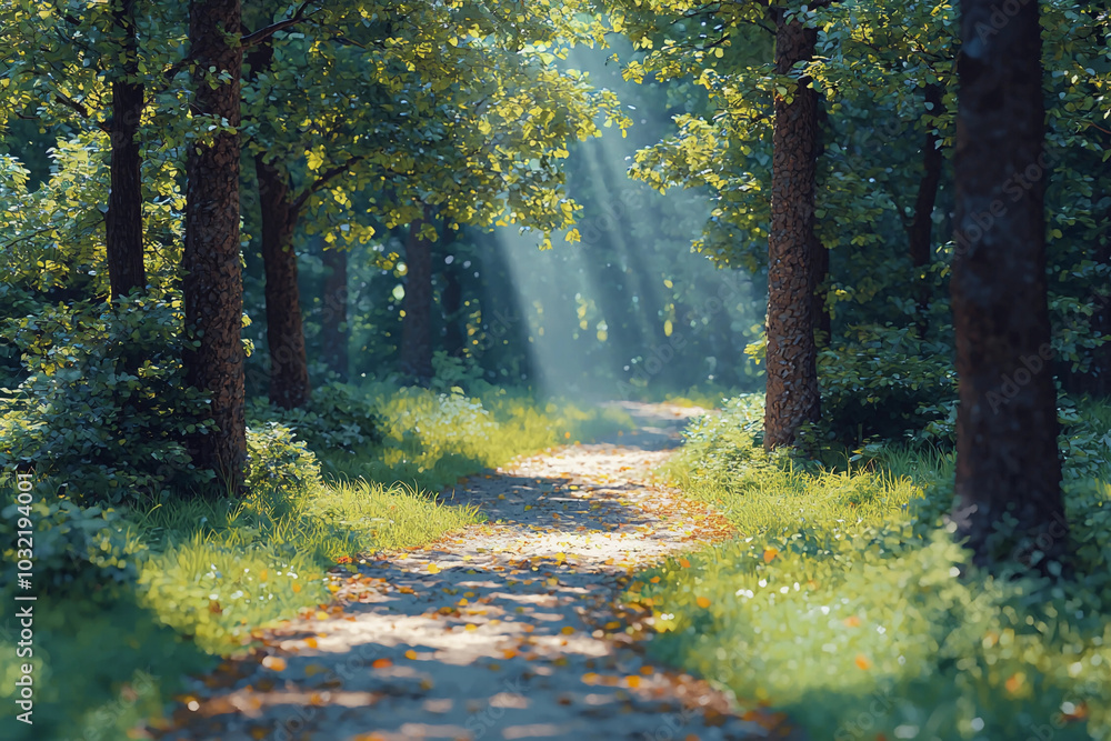 Poster sunlight streaming through trees on a tranquil forest path