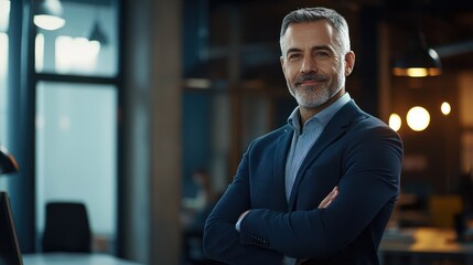 Happy middle aged business man standing in office arms crossed wearing a suit and shirt, Generative AI