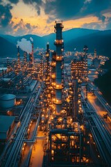 Fototapeta premium Aerial view of a oil refinery at dusk