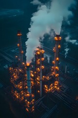Aerial view of a oil refinery at dusk