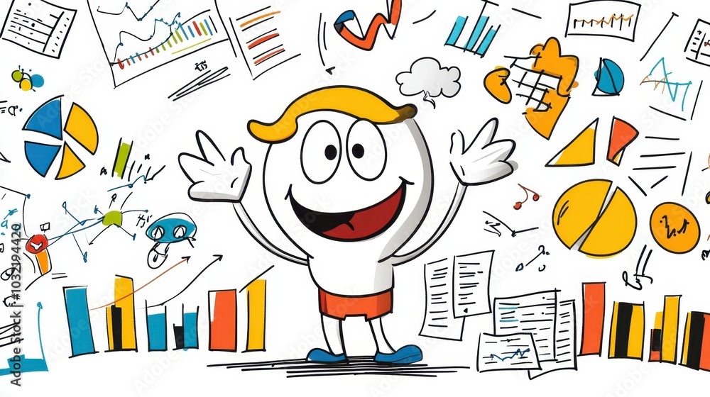 Poster happy cartoon character surrounded by colorful graphs, showcasing data analysis with a positive spir