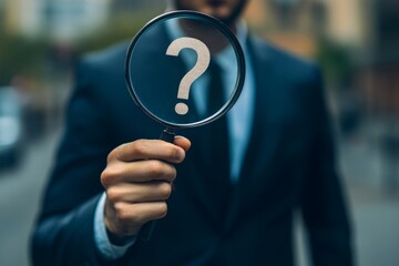  Problem analysis or problem management, analyze or investigate for root cause or incident, finding solution or discover threat or uncertain, businessman with magnifying glass analyze question, Genera