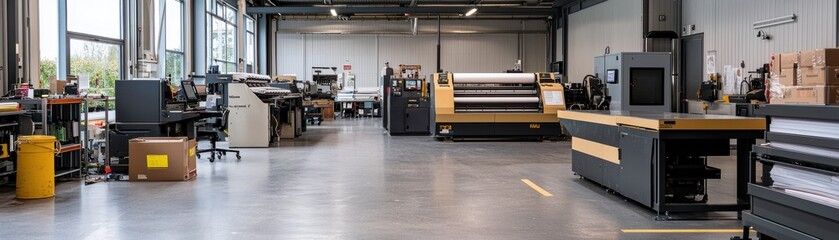 Modern printing facility interior with advanced machinery and workspace, bright and organized environment.