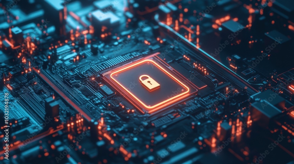 Poster high-tech digital network with privacy locks and decryption keys, showcasing cybersecurity solutions