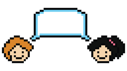 Cartoon pixel cute cartoon character face man woman team work with chat blank decoration 8 bit boy girl say speak discuss idea chat box cartoon pixel game png vector.