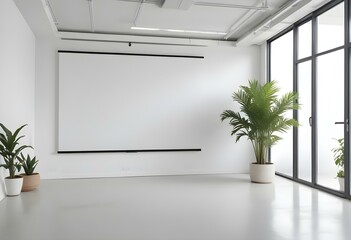 A modern, minimalist office space with a large blank projection screen, hanging plants, and a clean, white interior design.