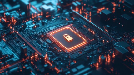 Obraz premium High-tech digital network with privacy locks and decryption keys, showcasing cybersecurity solutions and encrypted data flow