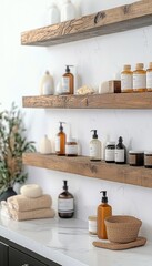 Bathroom Interior Design Rustic Wooden Shelves Stocked with Toiletries and Bath Products