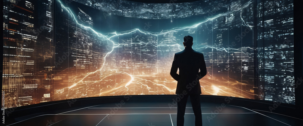Poster a silhouette of a person standing in front of a giant digital screen with a flow of data showing var