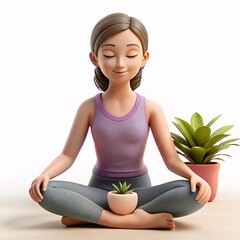3D Serene Woman in Meditation Pose with Houseplant | Relaxation and Wellness Concept