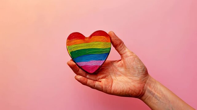 Hand holding rainbow heart against pink background, lgbt pride and love concept.