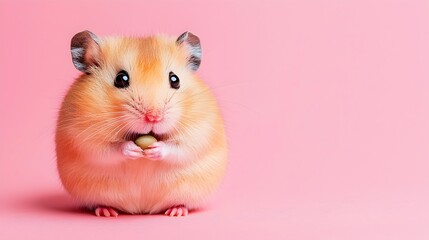 Chubby Hamster Holding Sunflower Seed on Pastel Coral Background